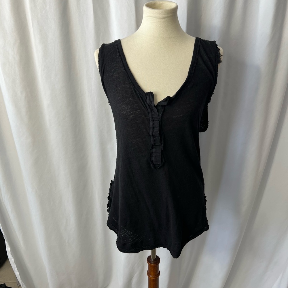 We The Free Black Linen Blend Raw Edge Henley Tank Top – Size L